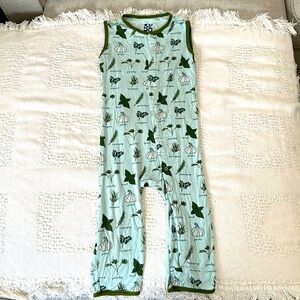 KICKEE PANTS Aloe Herbs Print 1 piece Bamboo Jumpsuit Romper Coverall Green 4T
